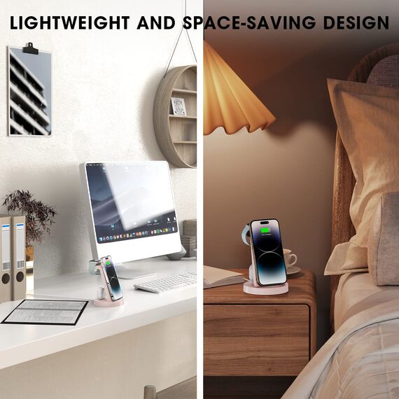 3 in 1 für iPhone Ladestation Schnelles Kabelloses Ladegerät - Wireless Charger für iPhone 17 Air 16e 16 15 14 13 12 11 X Pro Max & für Apple Watch und für Air Pods 4 3 2 Pro mit 18W Adapter (Rosa)