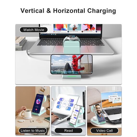 Induktive Ladestation für Samsung，ADADPU Kabelloses Ladegerät 3 in 1 Kompatibel für Galaxy Watch 8/7/6/5/5 Pro/4/3/Active 2，Wireless Charger für Samsung S25 S24 S23 S22 Ultra S21 Note 20 Galaxy Buds