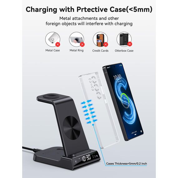 Wireless Charger für Samsung Galaxy S25 Ultra, Induktive Ladestation mit Digitaluhr für Samsung Galaxy Watch 8/7/Ultra, 3 in 1 Ladestation für Samsung Galaxy S24/S23, Galaxy Watch 6, Active 2, Buds