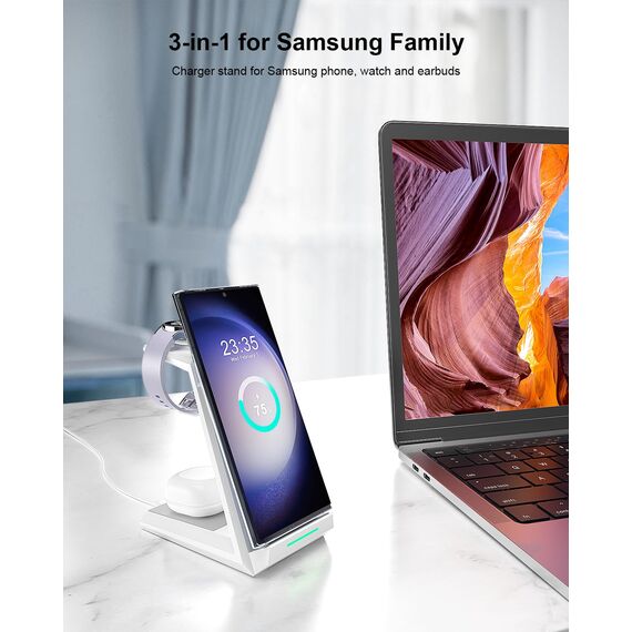 Induktive Ladestation für Samsung，ADADPU Kabelloses Ladegerät 3 in 1 Kompatibel für Galaxy Watch 8/7/6/5/5 Pro/4/3/Active 2，Wireless Charger für Samsung S25 S24 S23 S22 Ultra S21 Note 20 Galaxy Buds