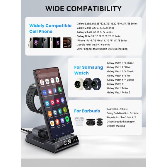 Wireless Charger für Samsung Galaxy S25 Ultra, Induktive Ladestation mit Digitaluhr für Samsung Galaxy Watch 8/7/Ultra, 3 in 1 Ladestation für Samsung Galaxy S24/S23, Galaxy Watch 6, Active 2, Buds