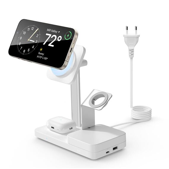 ESR 65W 5 in 1 GaN Ladestation, kompatibel mit MagSafe Ladeständer, magnetisches kabelloses Ladegerät für iPhone 17e/17/16/15/14/13/12-Serie, Apple Watch, AirPods 4/3/2/Pro und USB A/C Geräte, Weiß