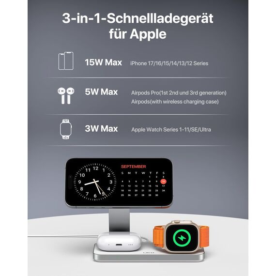 Induktive Ladestation Kompatibel mit Magsafe Ladegerät,QTlier 3 in 1 iPhone Ladestation für 17/16/15/14/13/12 Serie,20W Wireless Charger für Apple Watch 10/9/8/7/6/5/4/3 und AirPods (Tief Weiß)