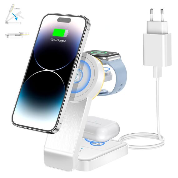 3 in 1 Faltbar Induktive Ladestation，Kabelloses Ladegerät für iPhone 16/15/14/13/12/Pro Max/Mini,Wireless Charger für Apple Watch 9/8/7/6/SE/5/4/3/2, AirPods Pro/2/3(mit Adapter) (Weiß)