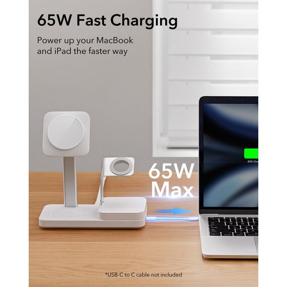 ESR 65W 5 in 1 GaN Ladestation, kompatibel mit MagSafe Ladeständer, magnetisches kabelloses Ladegerät für iPhone 17e/17/16/15/14/13/12-Serie, Apple Watch, AirPods 4/3/2/Pro und USB A/C Geräte, Weiß