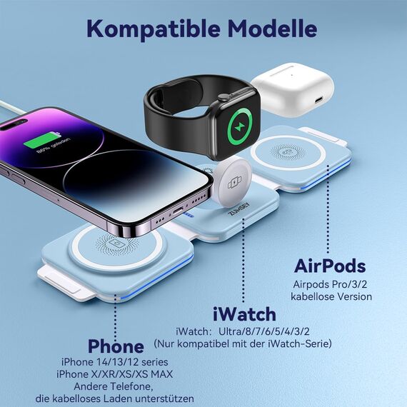 ZUMSEY 3 in 1 Faltbare kabellose Reiseladestation, Apple Ladestation Für Apple Watch und iPhone iPods, Wireless Charger für iPhone 16 15 14 13 12 Pro Max Plus/iWatch 10/9/Ultra/8/7/6/SE/5/4/3/AirPods