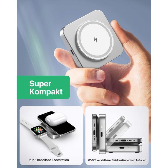 Mag-Safe Ladestation,Tragbare Ladegerät für Apple Watch und iPhone, induktive Ladestation für Reisen kompatibel mit iPhone 16 15 14 13 12 iWatch Serie, Wireless Charger für Airp0ds Pro 3 2 (Silber)