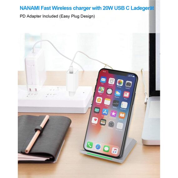 Fast Wireless Charger, NANAMI kabelloses Ladegerät (mit USB C ladegerät 20W PD Adapter) für Apple iPhone 17 16 15 14 13 12 Pro Max Xr Xs,10W Induktive Ladestation für Samsung Galaxy S26 S25 S24 S23