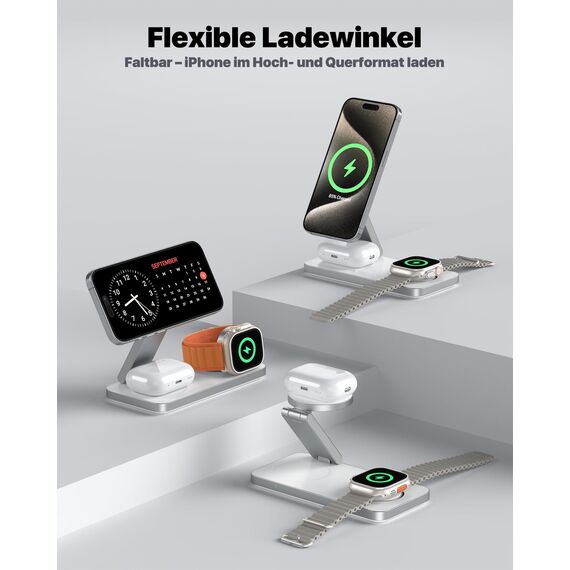 Induktive Ladestation Kompatibel mit Magsafe Ladegerät,QTlier 3 in 1 iPhone Ladestation für 17/16/15/14/13/12 Serie,20W Wireless Charger für Apple Watch 10/9/8/7/6/5/4/3 und AirPods (Tief Weiß)