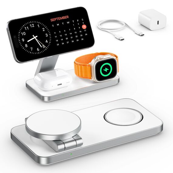 Induktive Ladestation Kompatibel mit Magsafe Ladegerät,QTlier 3 in 1 iPhone Ladestation für 17/16/15/14/13/12 Serie,20W Wireless Charger für Apple Watch 10/9/8/7/6/5/4/3 und AirPods (Tief Weiß)