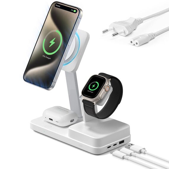 ESR 100W 6 in 1 GaN Ladestation mit CryoBoost, kompatibel mit MagSafe Ladeständer, magnetisches kabelloses Ladegerät für iPhone 17e/17/16/15/14/13, Apple Watch, AirPods 4/3/2/Pro,USB-C/A-Geräte, Weiß