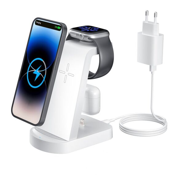 Kabellose Ladestation,Wireless Charger 3 in 1 induktive Kabelloses Ladegerät Mit 18W Adapter,kompatibel mit iPhone 17/16/15/14/13/12 Pro/Pro Max,Apple Watch Ultra/10/9/8/7/6/SE AirPods321/Pro1 Weiß