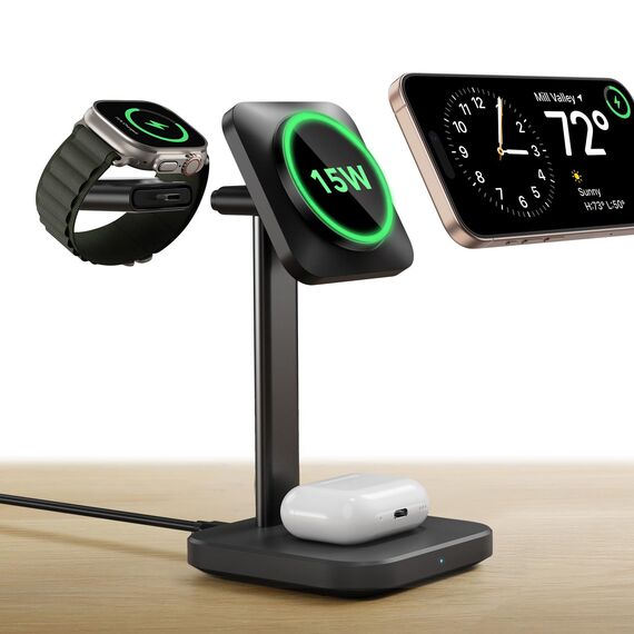 ESR 15W 3-in-1Ladestation für Apple, Zertifizierte MagSafe-Ladestation für iPhone, Magsafe-Ladestation für iPhone 17/16/15/14/13/12, Apple Watch und AirPods 4, Schwarz