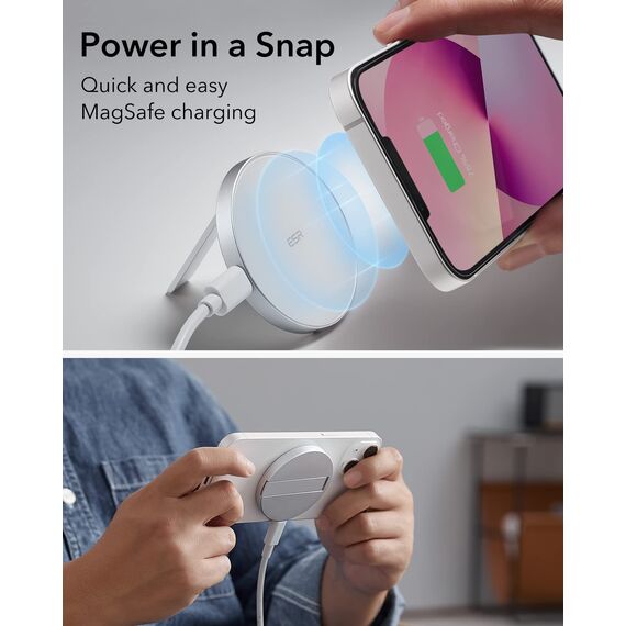 ESR für Magsafe Ladegerät, Wireless Charger mit Ständer für iPhone 17/17e/16/15/14/13/12, AirPods 4/3/2 Pro, Samsung S26, Induktive Ladestation mit 1,5m Verstärktem Nylonkabel, Weiß(Ohne Netzteil)