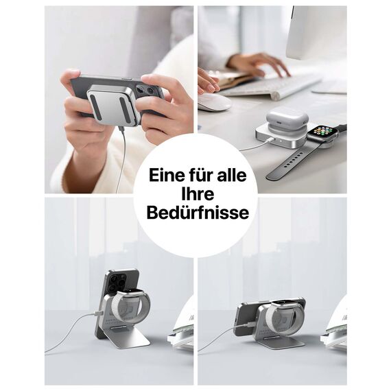 Mag-Safe Ladestation,Tragbare Ladegerät für Apple Watch und iPhone, induktive Ladestation für Reisen kompatibel mit iPhone 16 15 14 13 12 iWatch Serie, Wireless Charger für Airp0ds Pro 3 2 (Silber)
