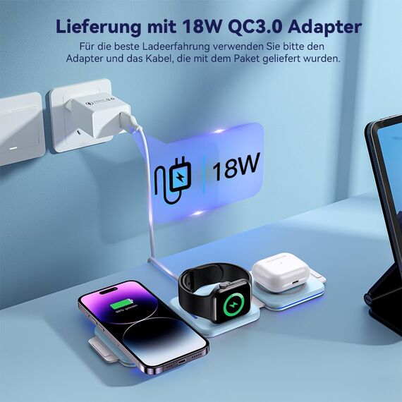ZUMSEY 3 in 1 Faltbare kabellose Reiseladestation, Apple Ladestation Für Apple Watch und iPhone iPods, Wireless Charger für iPhone 16 15 14 13 12 Pro Max Plus/iWatch 10/9/Ultra/8/7/6/SE/5/4/3/AirPods