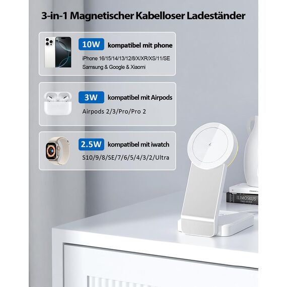 3 in 1 Faltbar Induktive Ladestation，Kabelloses Ladegerät für iPhone 16/15/14/13/12/Pro Max/Mini,Wireless Charger für Apple Watch 9/8/7/6/SE/5/4/3/2, AirPods Pro/2/3(mit Adapter) (Weiß)