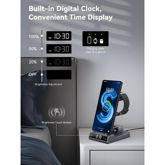 Wireless Charger für Samsung Galaxy S25 Ultra, Induktive Ladestation mit Digitaluhr für Samsung Galaxy Watch 8/7/Ultra, 3 in 1 Ladestation für Samsung Galaxy S24/S23, Active 2, Buds (Grau)