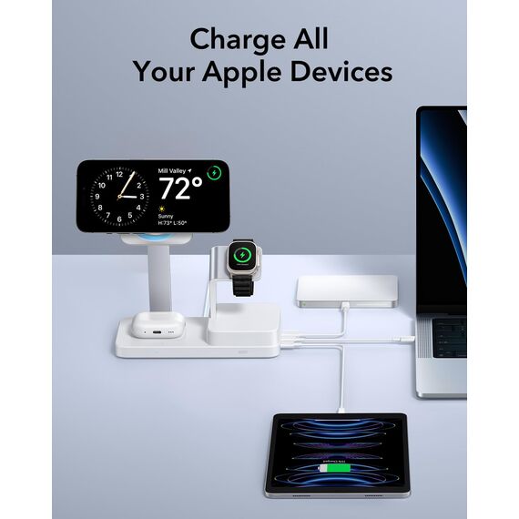 ESR 100W 6 in 1 GaN Ladestation mit CryoBoost, kompatibel mit MagSafe Ladeständer, magnetisches kabelloses Ladegerät für iPhone 17e/17/16/15/14/13, Apple Watch, AirPods 4/3/2/Pro,USB-C/A-Geräte, Weiß