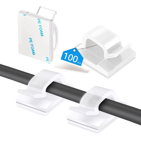 Abnii 100 Stück Kabelhalter Selbstklebend, Kabelclips Schreibtisch für Kabelklemmen Kabelbefestigung Kabelführung Organizer Haken Draht Halter für Kabelmanagement Lichterkette, Groß
