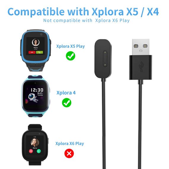 2-Stück Magnetisches Ladekabel Kompatibel mit Xplora X5 / X4, (Nicht für X6 Play) Tragbares USB-Kabel Ersatz Ladegerät Charging Cable,Schwarz & Schwarz