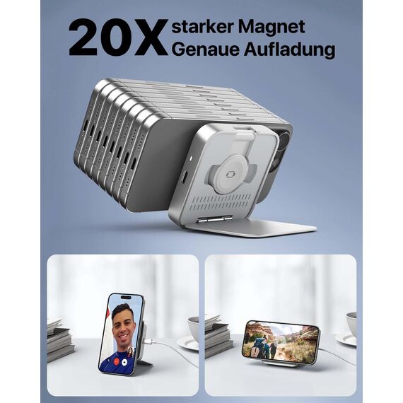 Mag-Safe Ladestation,Tragbare Ladegerät für Apple Watch und iPhone, induktive Ladestation für Reisen kompatibel mit iPhone 16 15 14 13 12 iWatch Serie, Wireless Charger für Airp0ds Pro 3 2 (Silber)