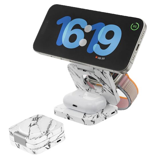 KU XIU Faltbar 3 in 1 Ladestation für Apple Watch und iPhone kompatibel mit MagSafe Ladegerät Induktive Handy Ladestation,15W Wireless Charger für iPhone 16-12, Watch Ultra2, für AirPods-Marble-White