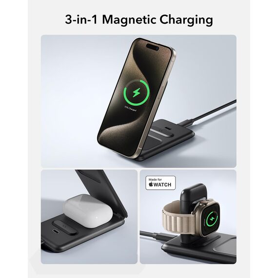 ESR 3 in 1 Ladestation Apple Watch und iPhone, Magsafe Ladestation, Faltbare Magsafe Ladegerät für iPhone 17e/17/16/15/14/13/12, Apple Watch 9/8/7/SE, AirPods Pro/3/2, Schwarz