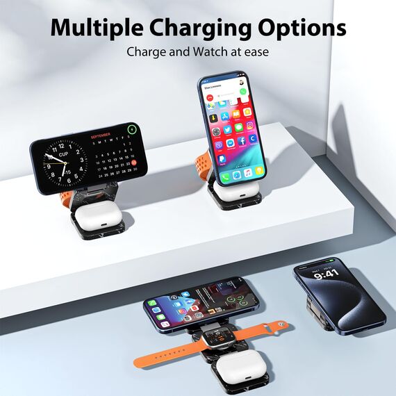 KU XIU Faltbar 3 in 1 Ladestation für Apple Watch und iPhone kompatibel mit MagSafe Ladegerät Induktive Handy Ladestation,15W Wireless Charger für iPhone 16-12, Watch Ultra2, für AirPods-Marble-Black