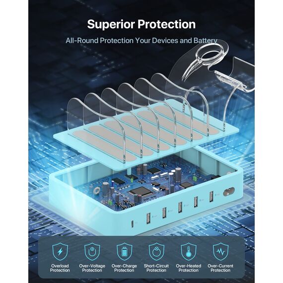 SooPii USB Ladestation 60W/12A,6-Port Dockingstation,Organizer für mehrfach Geräte with I Watch Holder,6 Kabel Included für Telefone,Tablets und andere elektronische Geräte