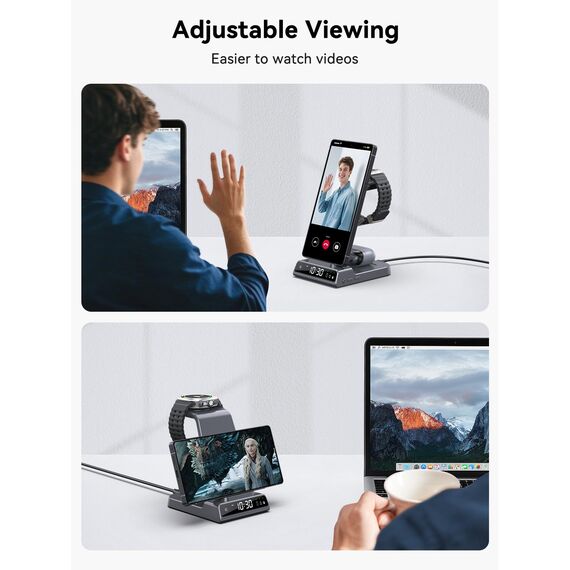 Wireless Charger für Samsung Galaxy S25 Ultra, Induktive Ladestation mit Digitaluhr für Samsung Galaxy Watch 8/7/Ultra, 3 in 1 Ladestation für Samsung Galaxy S24/S23, Active 2, Buds (Grau)