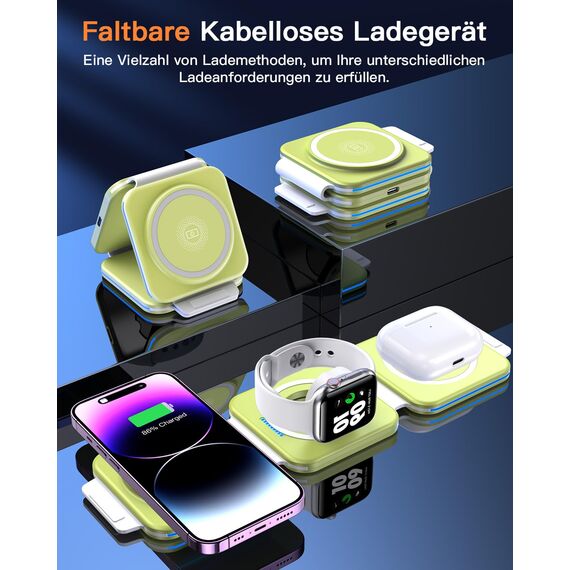 ZUMSEY 3 in 1 Faltbare kabellose Reiseladestation, Apple Ladestation Für Apple Watch und iPhone iPods, Wireless Charger für iPhone 16 15 14 13 12 Pro Max Plus/iWatch 10/9/Ultra/8/7/6/SE/5/4/3/AirPods