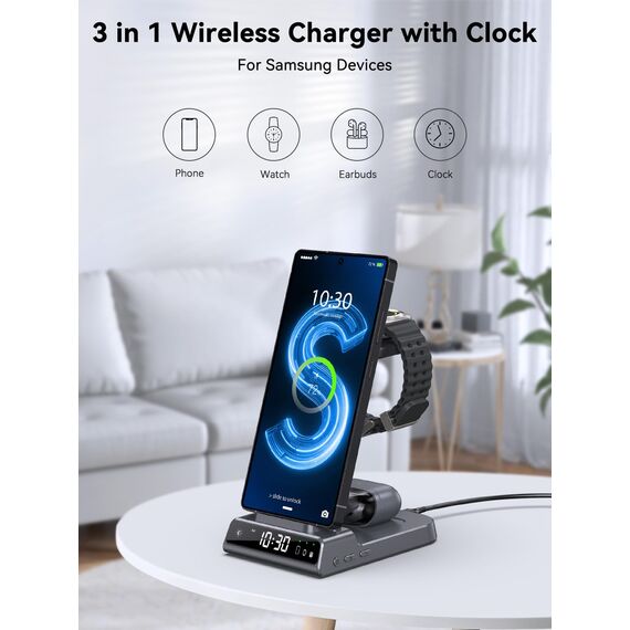 Wireless Charger für Samsung Galaxy S25 Ultra, Induktive Ladestation mit Digitaluhr für Samsung Galaxy Watch 8/7/Ultra, 3 in 1 Ladestation für Samsung Galaxy S24/S23, Active 2, Buds (Grau)