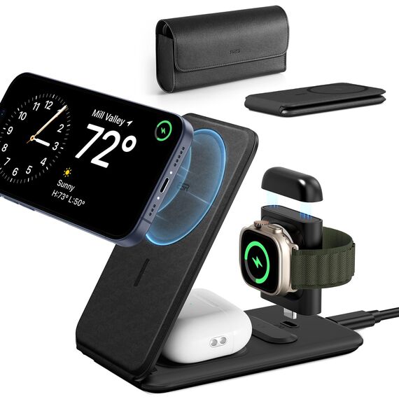 ESR 3 in 1 Ladestation Apple Watch und iPhone, Magsafe Ladestation, Faltbare Magsafe Ladegerät für iPhone 17e/17/16/15/14/13/12, Apple Watch 9/8/7/SE, AirPods Pro/3/2, Schwarz