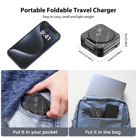 KU XIU Faltbar 3 in 1 Ladestation für Apple Watch und iPhone kompatibel mit MagSafe Ladegerät Induktive Handy Ladestation,15W Wireless Charger für iPhone 16-12, Watch Ultra2, für AirPods-Marble-Black