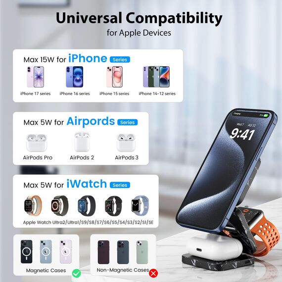 KU XIU Faltbar 3 in 1 Ladestation für Apple Watch und iPhone kompatibel mit MagSafe Ladegerät Induktive Handy Ladestation,15W Wireless Charger für iPhone 16-12, Watch Ultra2, für AirPods-Marble-Black