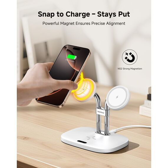 SwanScout Induktive Ladestation für iPhone 17/17e/Air, SwanScout 706M, Mag-Safe Doppel Ladestation Kompatibel für iPhone 16/15/14/13/12 Serie, für Airpods Pro 3/2, Kabelloses Ladegerät für 2 Handys