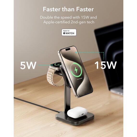 ESR 15W 3-in-1Ladestation für Apple, Zertifizierte MagSafe-Ladestation für iPhone, Magsafe-Ladestation für iPhone 17/16/15/14/13/12, Apple Watch und AirPods 4, Schwarz