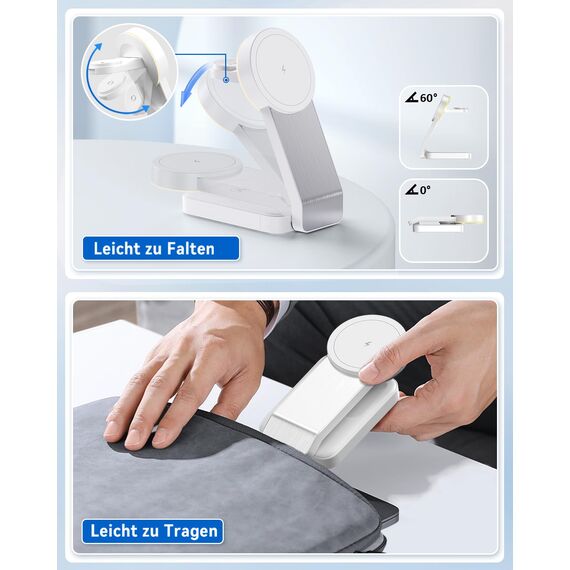 3 in 1 Faltbar Induktive Ladestation，Kabelloses Ladegerät für iPhone 16/15/14/13/12/Pro Max/Mini,Wireless Charger für Apple Watch 9/8/7/6/SE/5/4/3/2, AirPods Pro/2/3(mit Adapter) (Weiß)