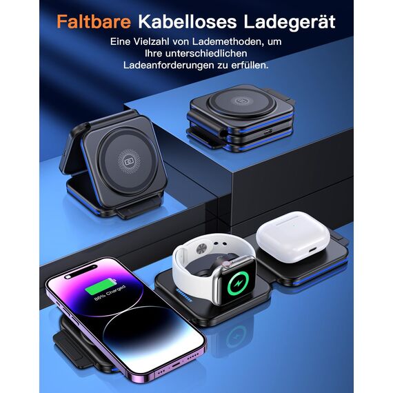 ZUMSEY 3 in 1 Faltbare Kabellose Ladestation, Ladestation für Apple Watch und iPhone, Wireless Charger für iPhone 17 Pro Max 16 15 14 13 12, für Apple Watch Ultra 3/11/10/9/Ultra 2/AirPods Pro 3/4/3/2