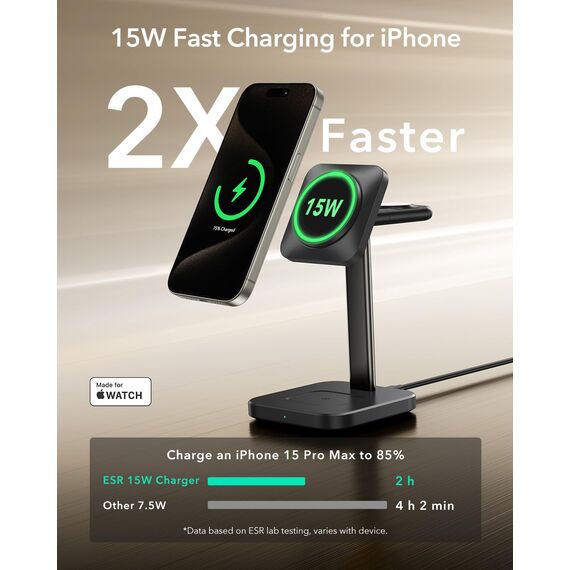 ESR 15W 3-in-1Ladestation für Apple, Zertifizierte MagSafe-Ladestation für iPhone, Magsafe-Ladestation für iPhone 17/16/15/14/13/12, Apple Watch und AirPods 4, Schwarz