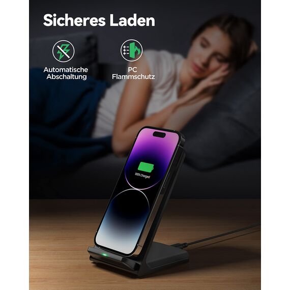 TECKNET Wireless Charger Stand, 15W Qi-Zertifiziert Induktive Ladestation, Schnelles Kabelloses Ladegerät für iPhone 17 16 15 14 13 12&Pro Max, Samsung Galaxy S25 S24, Google, LG, Xiaomi, Huawei