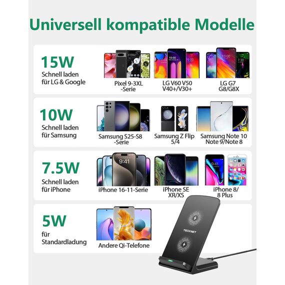 TECKNET Wireless Charger Stand, 15W Qi-Zertifiziert Induktive Ladestation, Schnelles Kabelloses Ladegerät für iPhone 17 16 15 14 13 12&Pro Max, Samsung Galaxy S25 S24, Google, LG, Xiaomi, Huawei