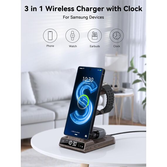 Wireless Charger für Samsung Galaxy S25 Ultra, Induktive Ladestation mit Digitaluhr für Samsung Galaxy Watch 8/7/Ultra, 3 in 1 Ladestation Samsung für Galaxy S24/S23, Galaxy Watch 6, Active 2, Buds