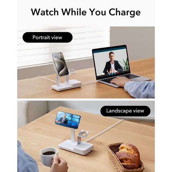 ESR 65W 5 in 1 GaN Ladestation, kompatibel mit MagSafe Ladeständer, magnetisches kabelloses Ladegerät für iPhone 17e/17/16/15/14/13/12-Serie, Apple Watch, AirPods 4/3/2/Pro und USB A/C Geräte, Weiß