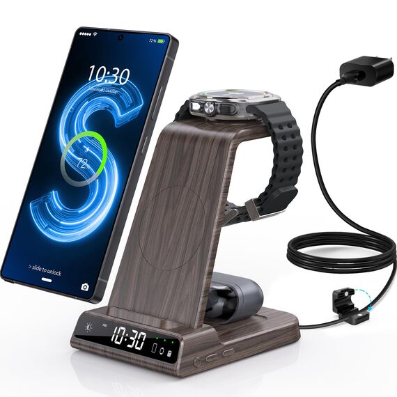 Wireless Charger für Samsung Galaxy S25 Ultra, Induktive Ladestation mit Digitaluhr für Samsung Galaxy Watch 8/7/Ultra, 3 in 1 Ladestation Samsung für Galaxy S24/S23, Galaxy Watch 6, Active 2, Buds
