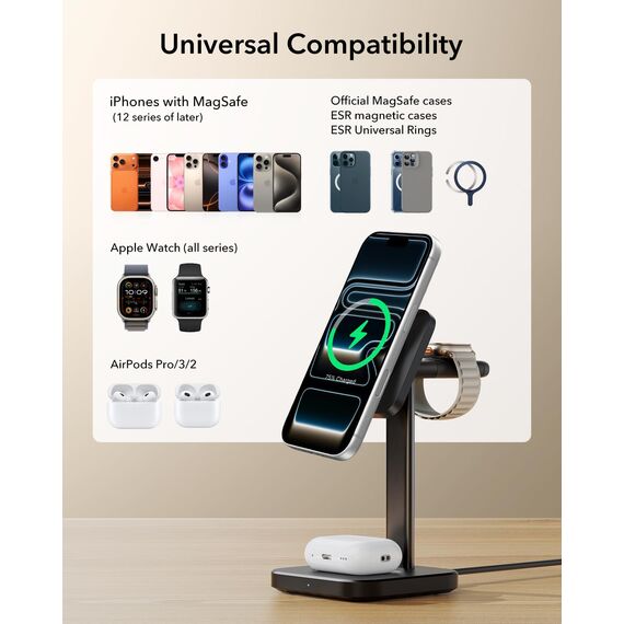 ESR 15W 3-in-1Ladestation für Apple, Zertifizierte MagSafe-Ladestation für iPhone, Magsafe-Ladestation für iPhone 17/16/15/14/13/12, Apple Watch und AirPods 4, Schwarz
