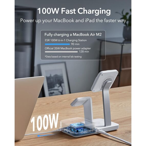 ESR 100W 6 in 1 GaN Ladestation mit CryoBoost, kompatibel mit MagSafe Ladeständer, magnetisches kabelloses Ladegerät für iPhone 17e/17/16/15/14/13, Apple Watch, AirPods 4/3/2/Pro,USB-C/A-Geräte, Weiß
