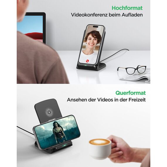 TECKNET Wireless Charger Stand, 15W Qi-Zertifiziert Induktive Ladestation, Schnelles Kabelloses Ladegerät für iPhone 17 16 15 14 13 12&Pro Max, Samsung Galaxy S25 S24, Google, LG, Xiaomi, Huawei