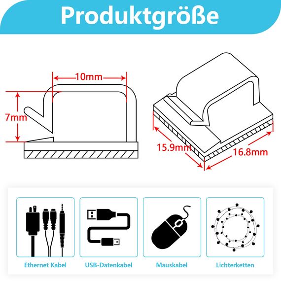 Abnii 100 Stück Kabelhalter Selbstklebend, Kabelclips Schreibtisch für Kabelklemmen Kabelbefestigung Kabelführung Organizer Haken Draht Halter für Kabelmanagement Lichterkette, Groß